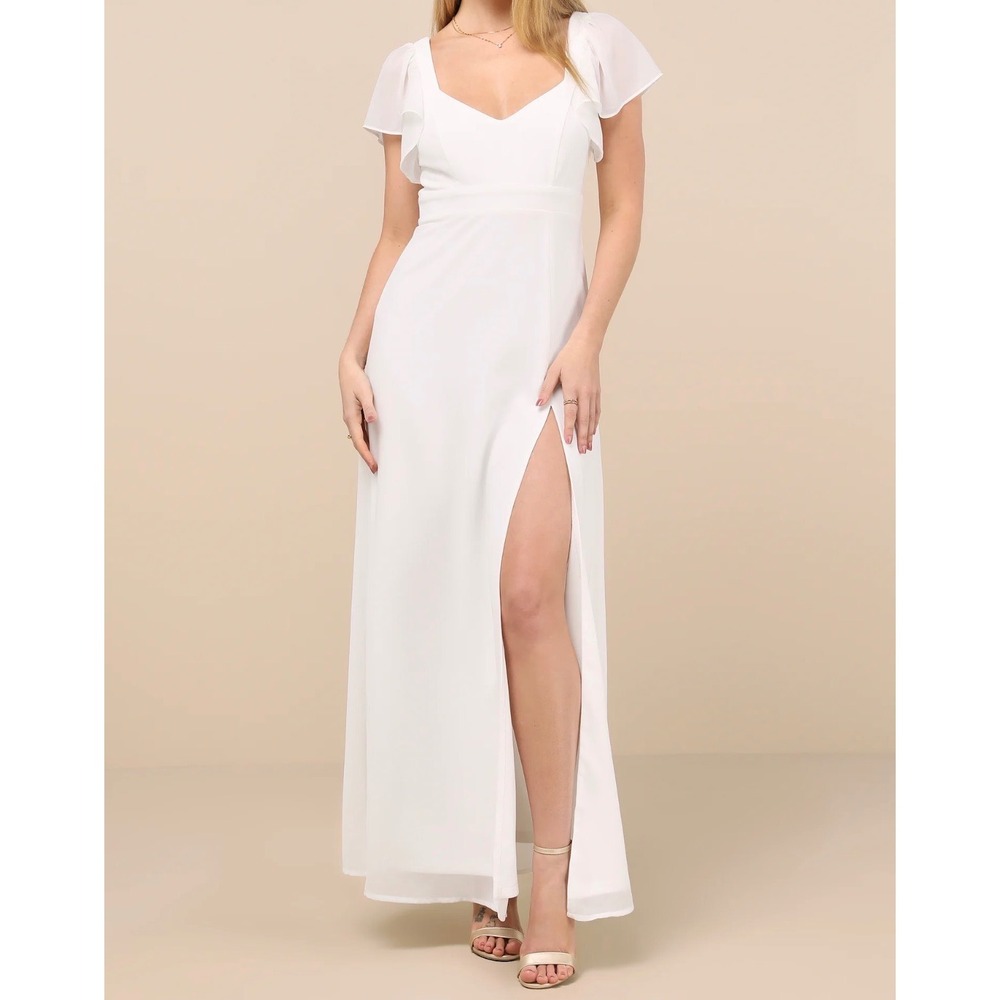 Lulus Simply Delightful White Tie-Back Flutter Sleeve Maxi Dress Medium‎ NWT
